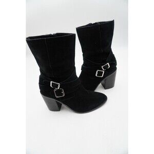 Chelsea & Violet Vicki Black Suede Double Buckle Boots  Block Heel Boots Sz 7.5M